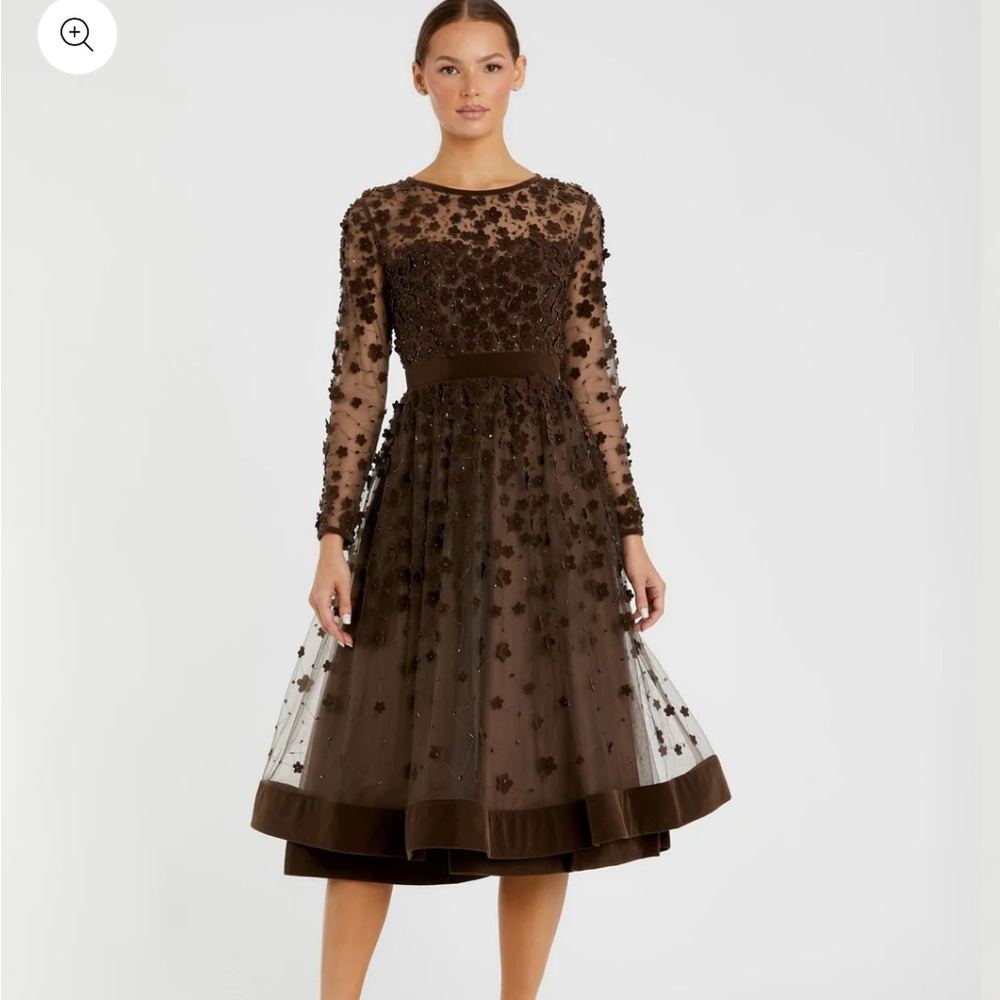 Mac Duggal Brown Tiered Cocktail Dress with Long Bishop Sleeves